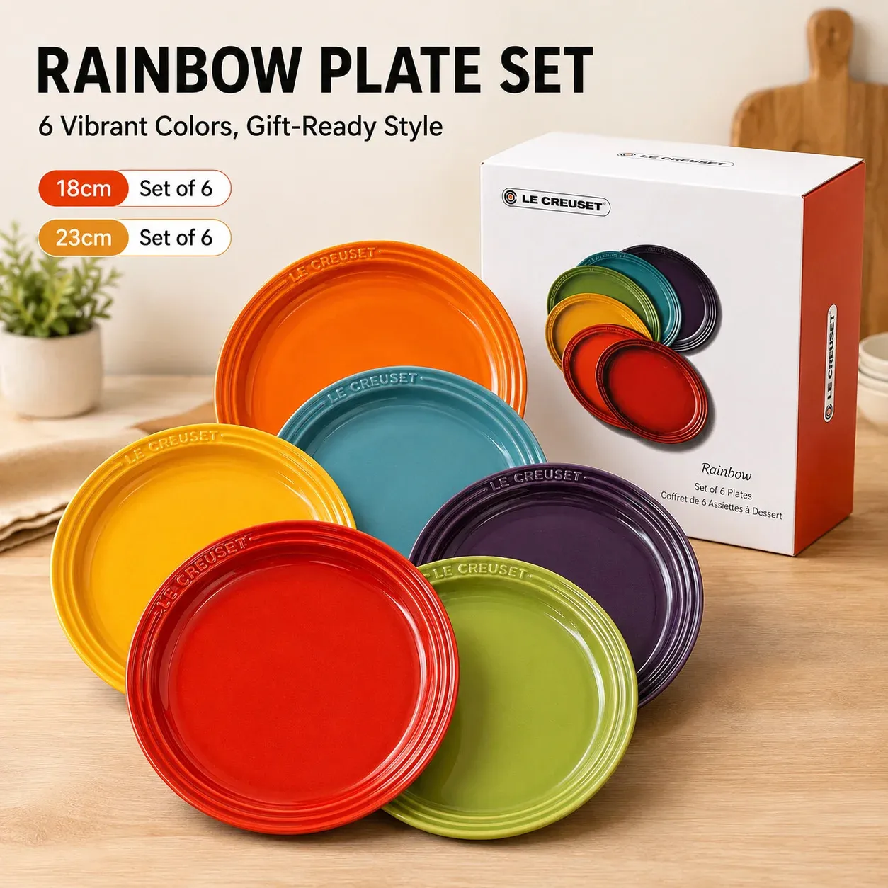 【新品】LE CREUSET ティープレート レインボー 6枚セット Rainbow Ceramic Dinner And Salad Plate Set  From Xue009, Rs