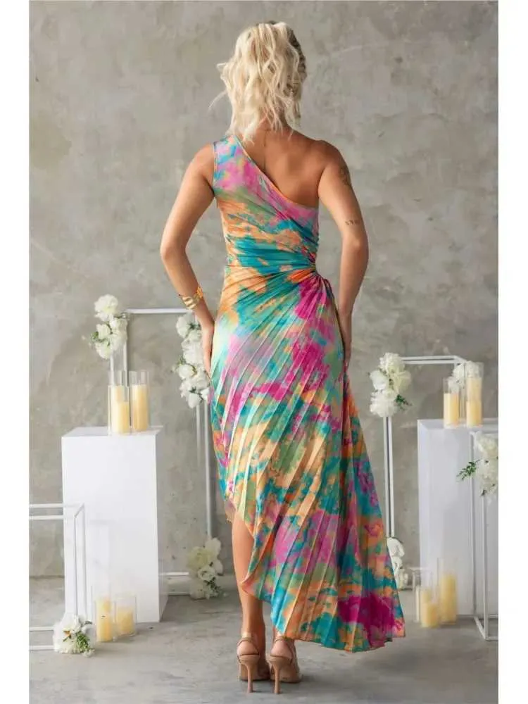 Summer Womens Casual One-Shoulder Sleeveless Dress, Diagonal Collar, Lace-Up Detail, Pressed Printed Design, Long Skirt