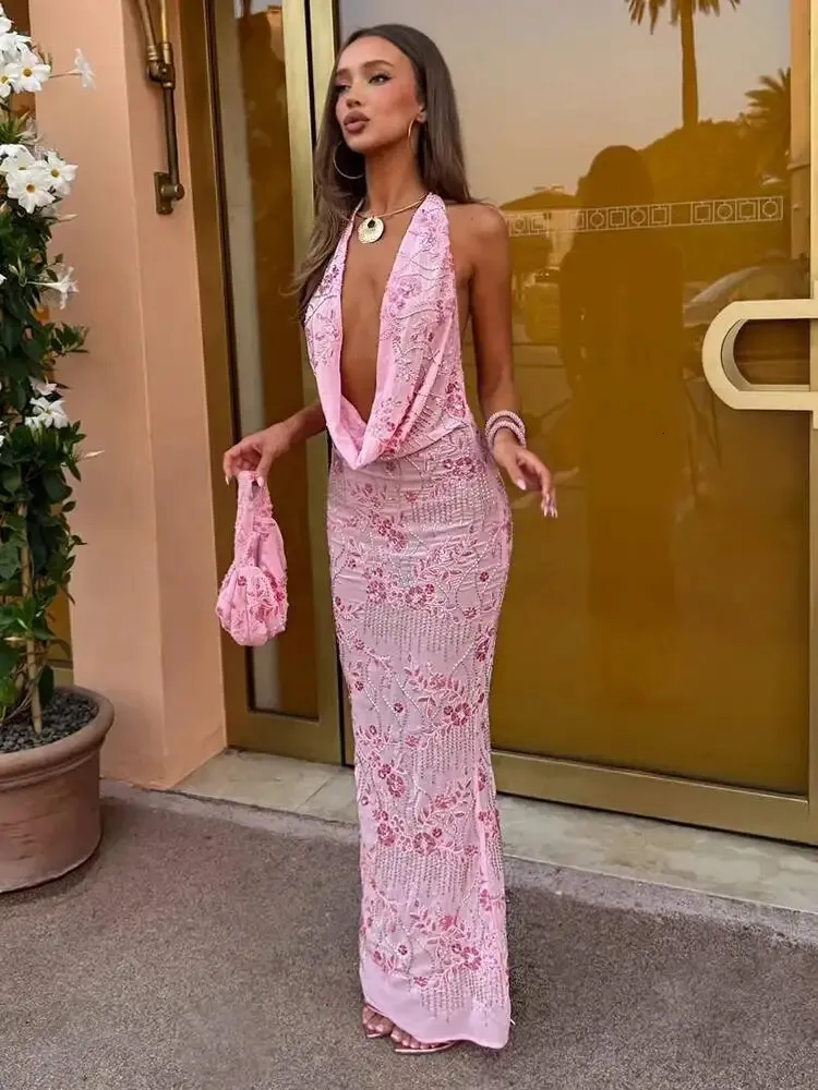 Avrilyaan Beaded Deep V Backless Bandage Bodycon Party Dress, Elegant Evening Long Summer Dress for Women