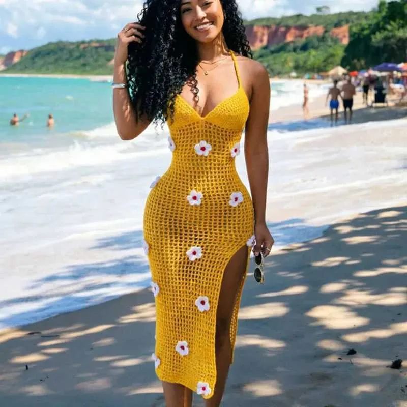 Floral Crochet Knitted Summer Dress for Women, V-Neck Backless Hollow Out, Split Club Party and Beachwear, Holiday Style S