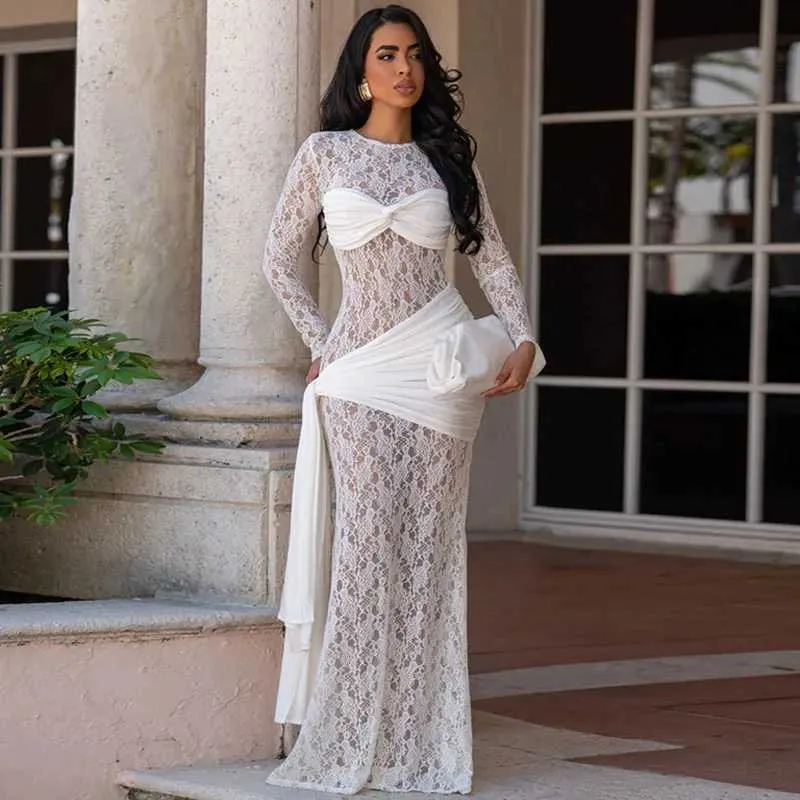 See-Through Lace Party Dress for Women, Long Sleeve Patchwork, Lace-Up Ruched Bodycon Maxi Dress for Birthday, Evening, Club, Prom