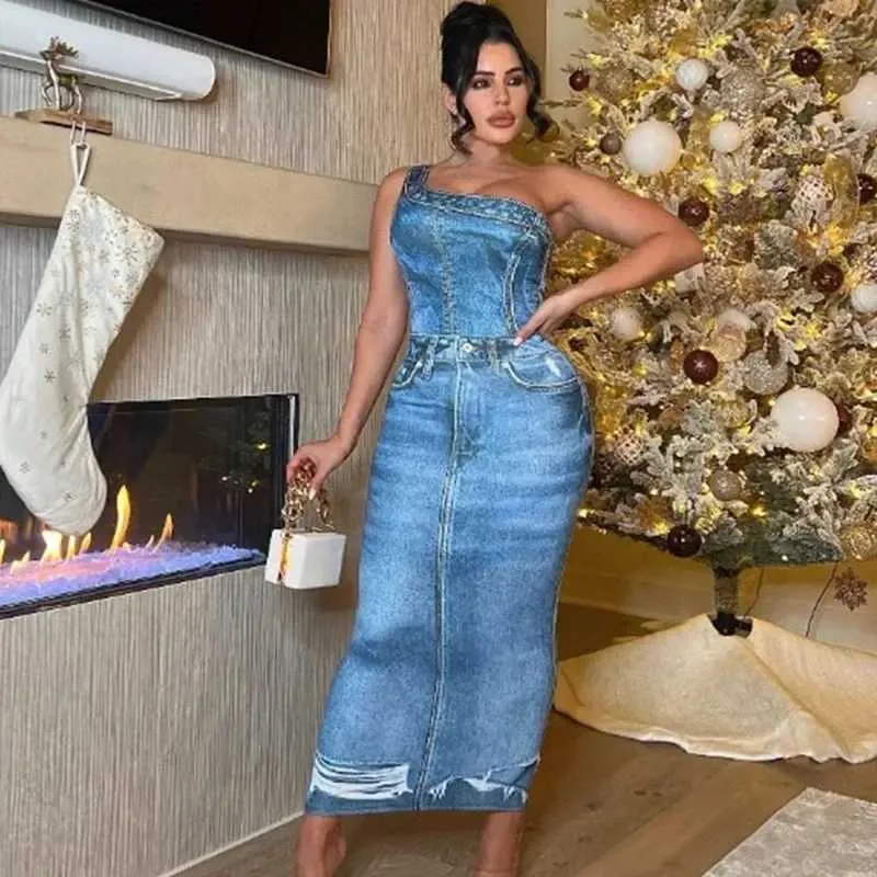 denim bodycon maxi dress Y2K Fake One Shoulder for Women wayfair-industrial-dresser How to Style a Size:Small (10-12) this dress effortlessly blends