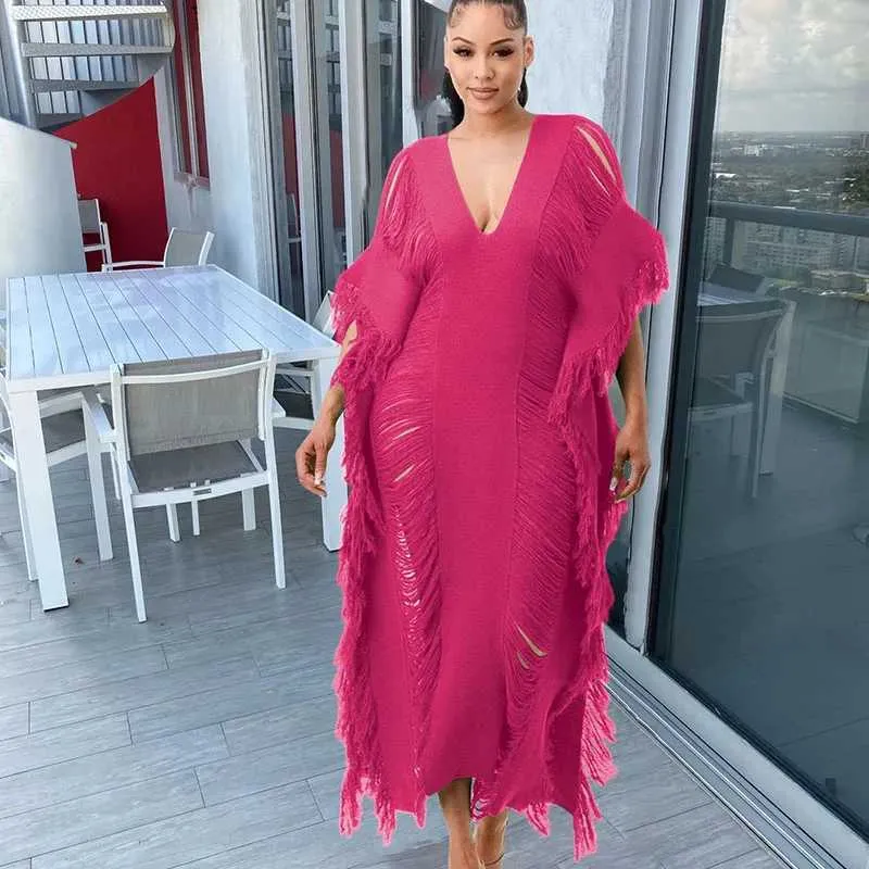 hole knitted maxi dress Sexy Crochet Tassel Sheer Dress, Detail, Loose Straight Fit, Long Sleeve Fall Party for Women, Nightclub Outfit TagLabel: Beaded