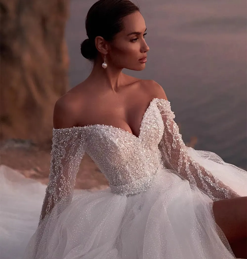 Sparkling Wedding Dress, Customized Deep V Neck, Long... From Donnaweddingdress17, Rs.15,731.89