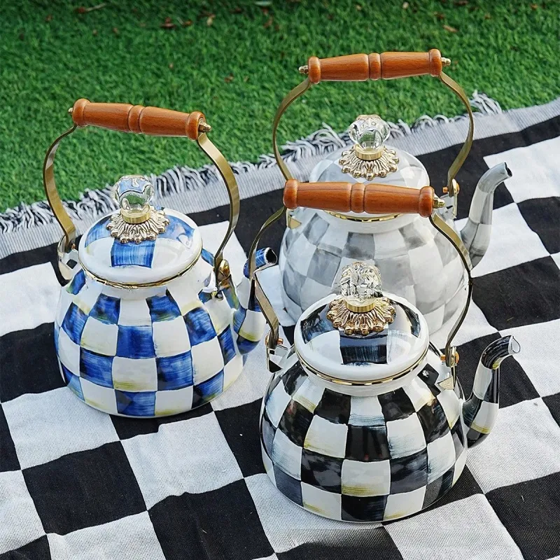 エナメルティーケトル手描き市松模様ティーポット木製ハンドル