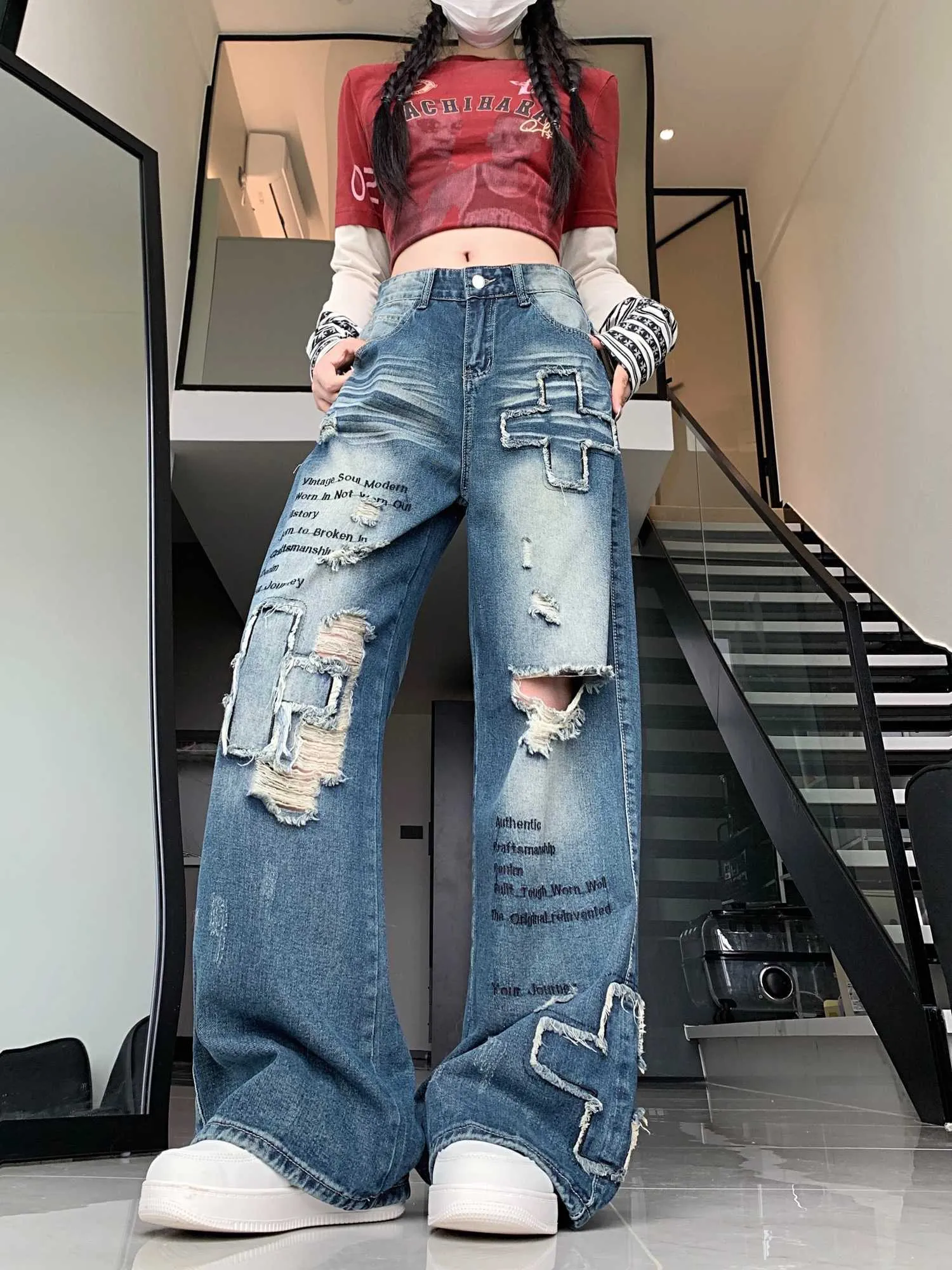 Y2K Cargo Blue Baggy Ripped Wide Leg Jeans For Women... From Welki 