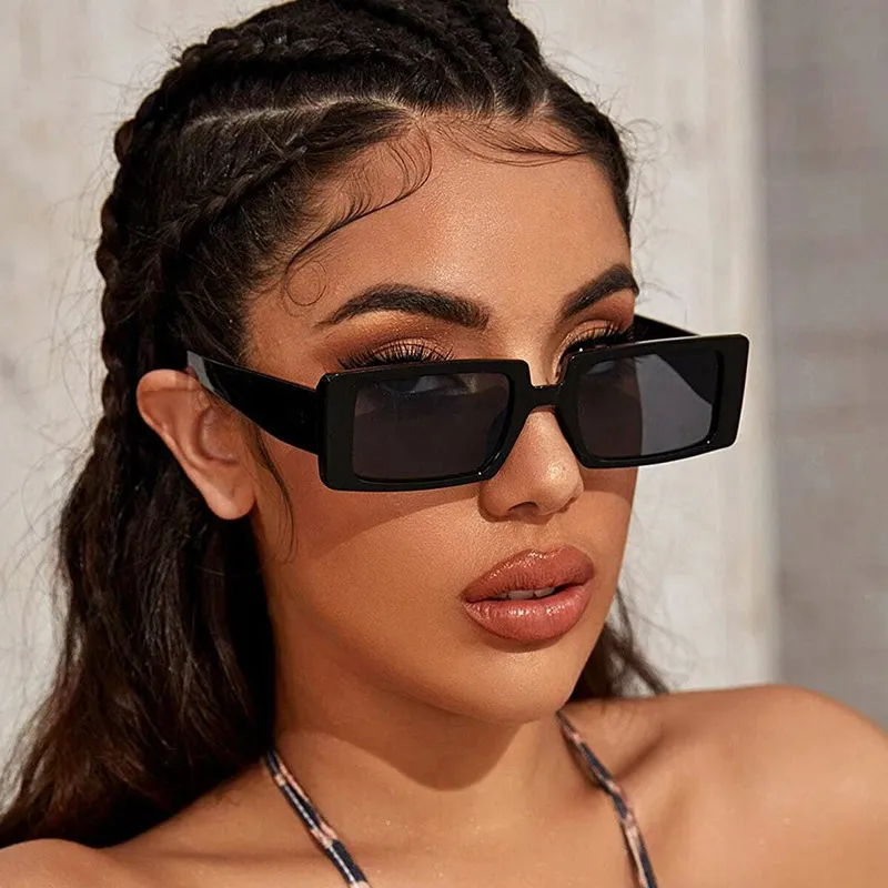 Y2K Retro Small Rectangular Sunglasses Black Thick Frame UV Resistant Sunshade Suitable For Street Style Festivals And_voghion.com