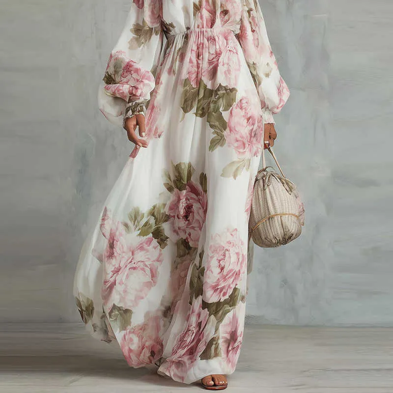 pink floral dresses Print Maxi Dress in Blush - Florinne Lucille Victorian Long Sleeve Wearer: Women More colors Colour:Malachite Green