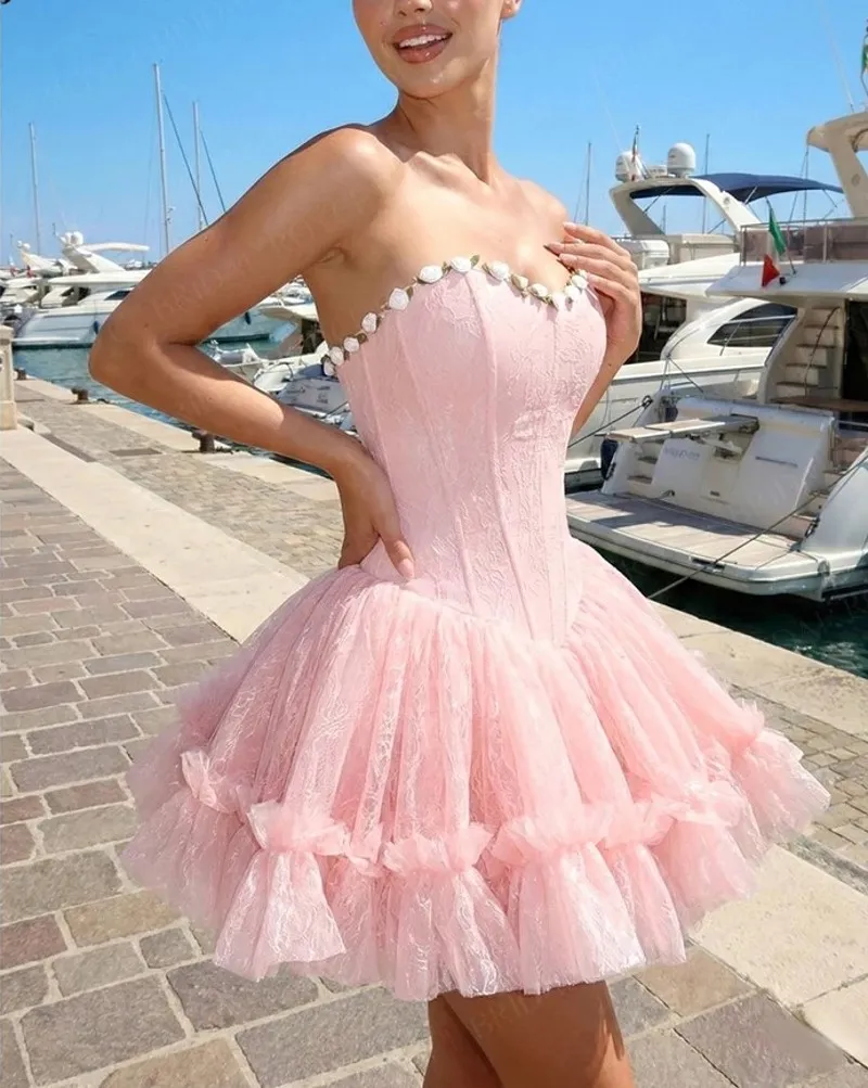 formal pink dresses short Shinny Strapless 3D Floral Lace Mini Prom Dress... From Donnaweddingdress17, $95.12 Leopard. Dress