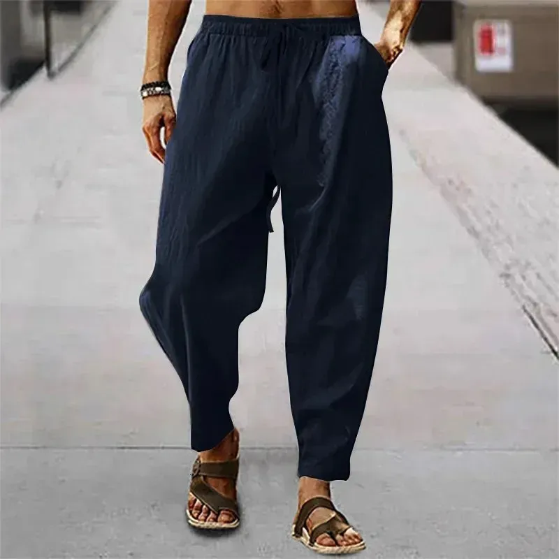 Pantalon Lin Homme Jogging Décontracté Été - Léger Respirant Baggy Avec Cordon De Serrage