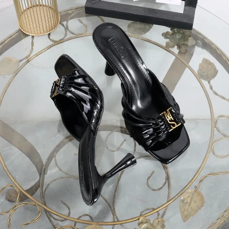 High Heels Summer Pleated Slippers Square Toes Metal Fashion Open Toe Sexy Banquet Sandals Heel Height 9CM 260402_voghion.com