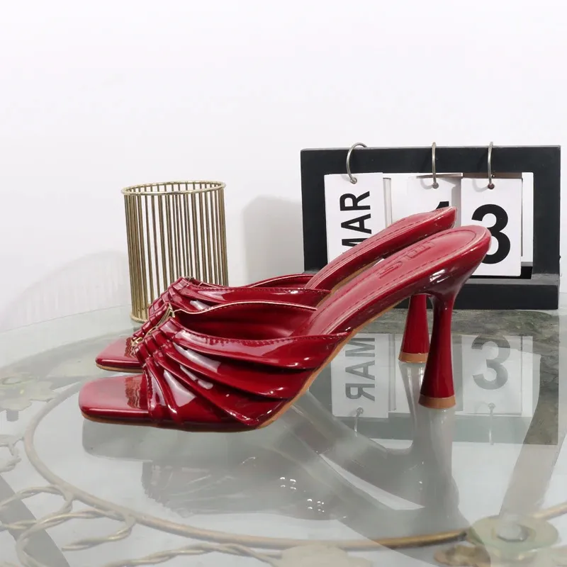 High Heels Summer Pleated Slippers Square Toes Metal Fashion Open Toe Sexy Banquet Sandals Heel Height 9CM 260402_voghion.com