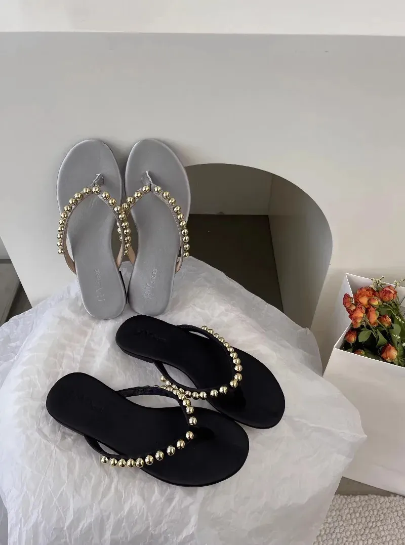 Sandálias de praia com pérolas para mulher chinelos verão_voghion.com