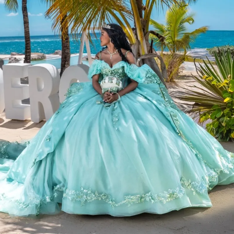 aqua blue quince dresses Ball Gown Quinceanera Dress with Crystal Flower Beading Appliqué and Corset Off Shoulder Sweetheart Neckline from Dhgate Quinceanera teal blue quinceanera dresses