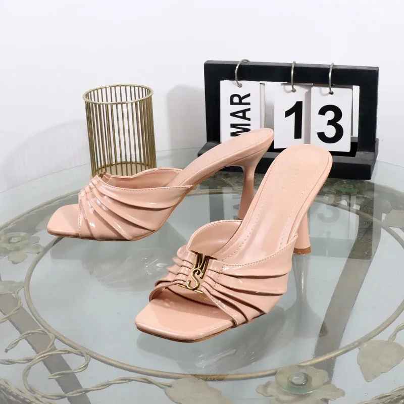 High Heels Summer Pleated Slippers Square Toes Metal Fashion Open Toe Sexy Banquet Sandals Heel Height 9CM 260402_voghion.com