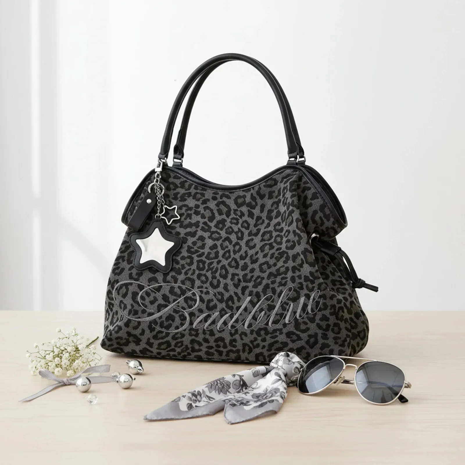 Y2K BadBlue Embroidered Leopard Print Tote Large From