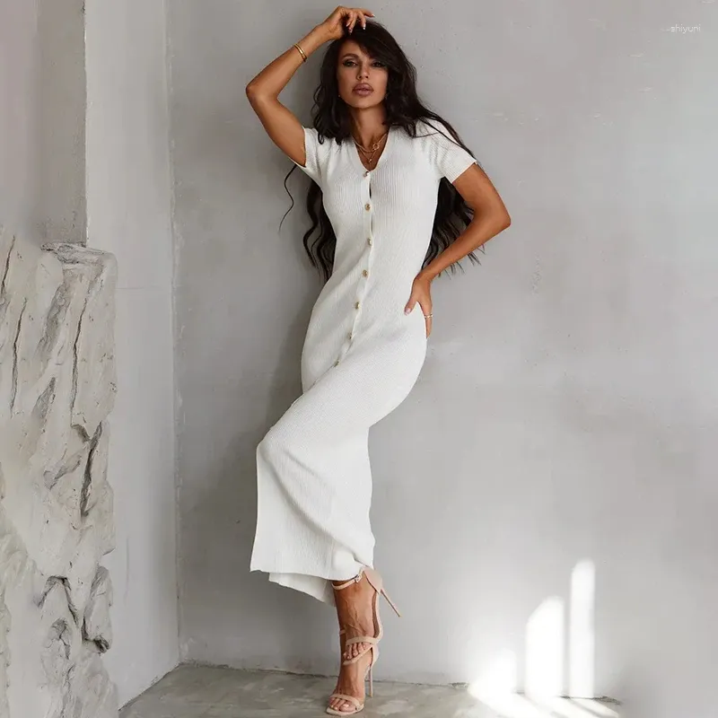 casual cotton knit summer dresses Dress for Women Slim Fit V Neck Button Short Sleeve Ankle-Length Dress Product ID:ADAE212425_AA002_M