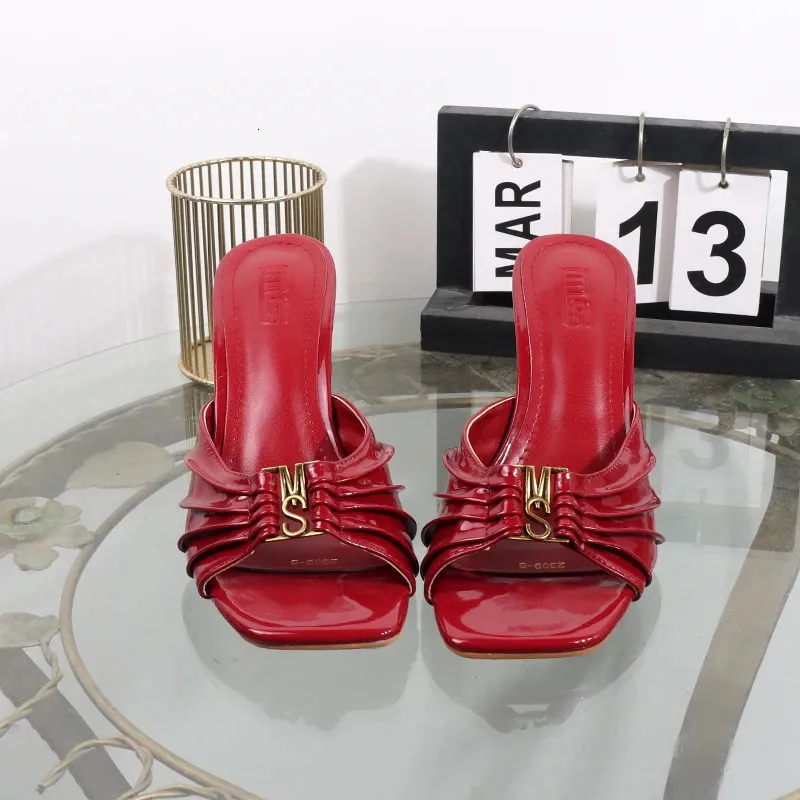 High Heels Summer Pleated Slippers Square Toes Metal Fashion Open Toe Sexy Banquet Sandals Heel Height 9CM 260402_voghion.com