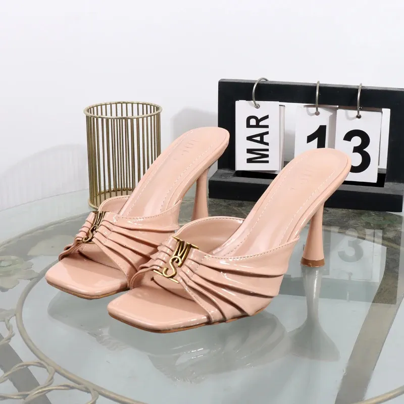 High Heels Summer Pleated Slippers Square Toes Metal Fashion Open Toe Sexy Banquet Sandals Heel Height 9CM 260402_voghion.com