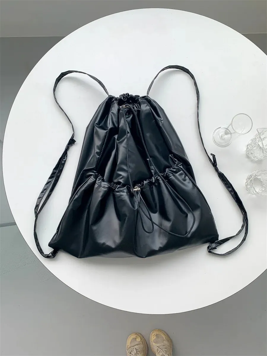 LEFTSIDE Leather Travel Drawstring Backpack Silver From