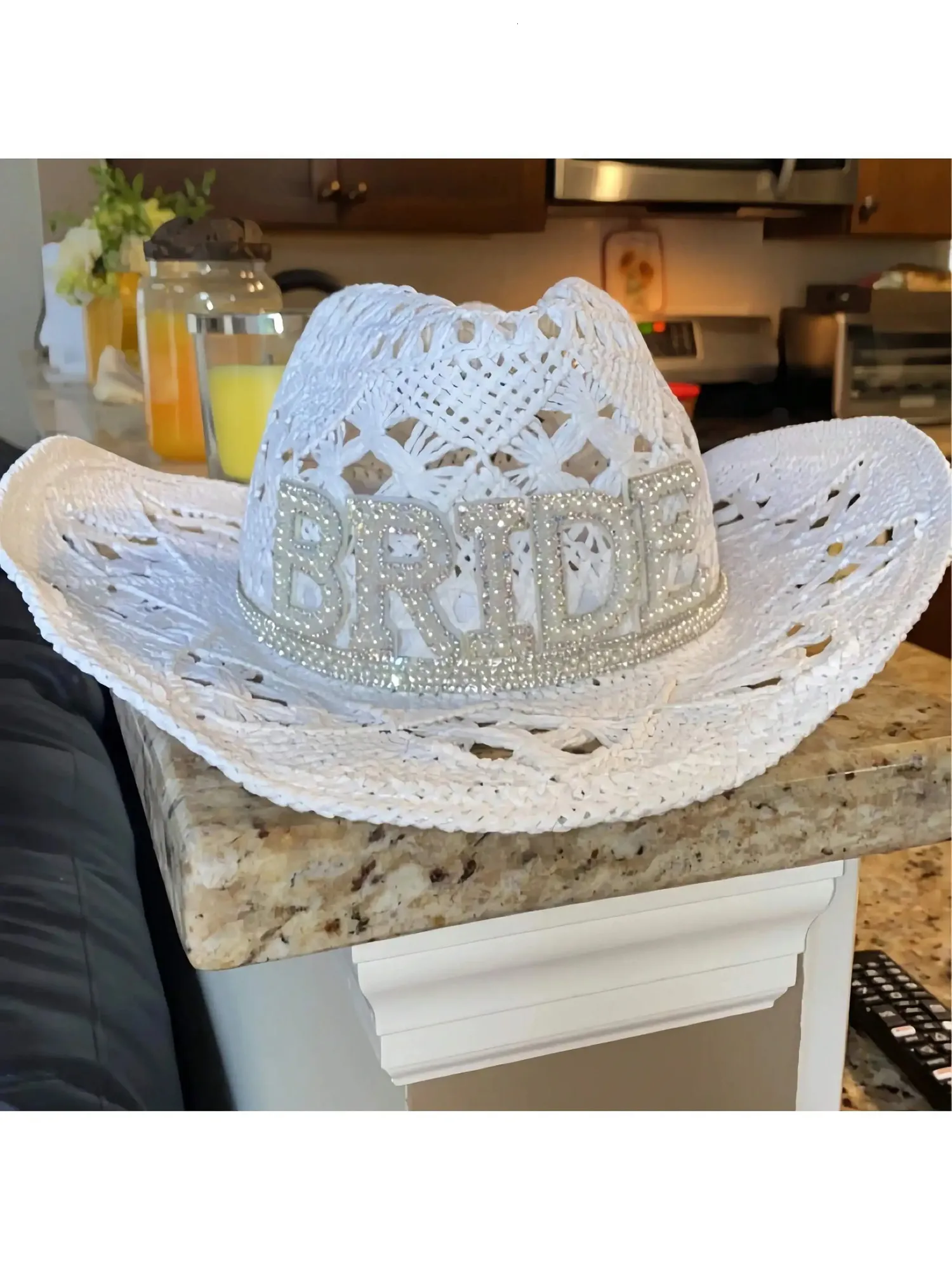 Customized Pearl Rhinestone White Straw Cowgirl Hat Bridal 