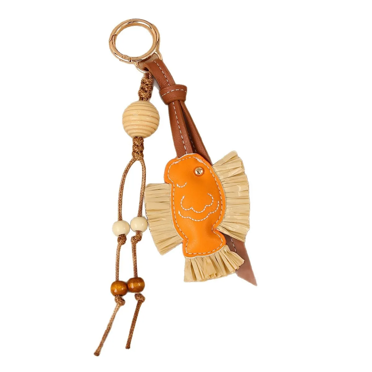 hot Selling Designer Charm New Year Series Annual PU Patchwork Rafia Fish Wooden Bead Weaving Rope Creative Bag Pendant_voghion.com