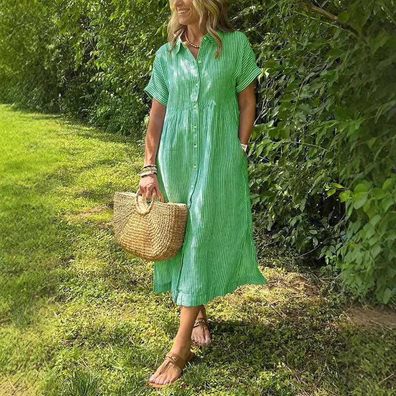 plus size striped linen dress Ivory Striped Linen Smocked Short Puff Sleeve Maternity Plus Midi Dres PinkBlush