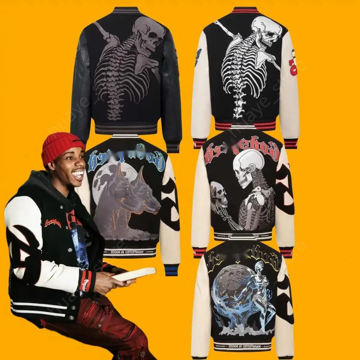Designer God Speedes Skull Leather Varsity Jacket For... From 