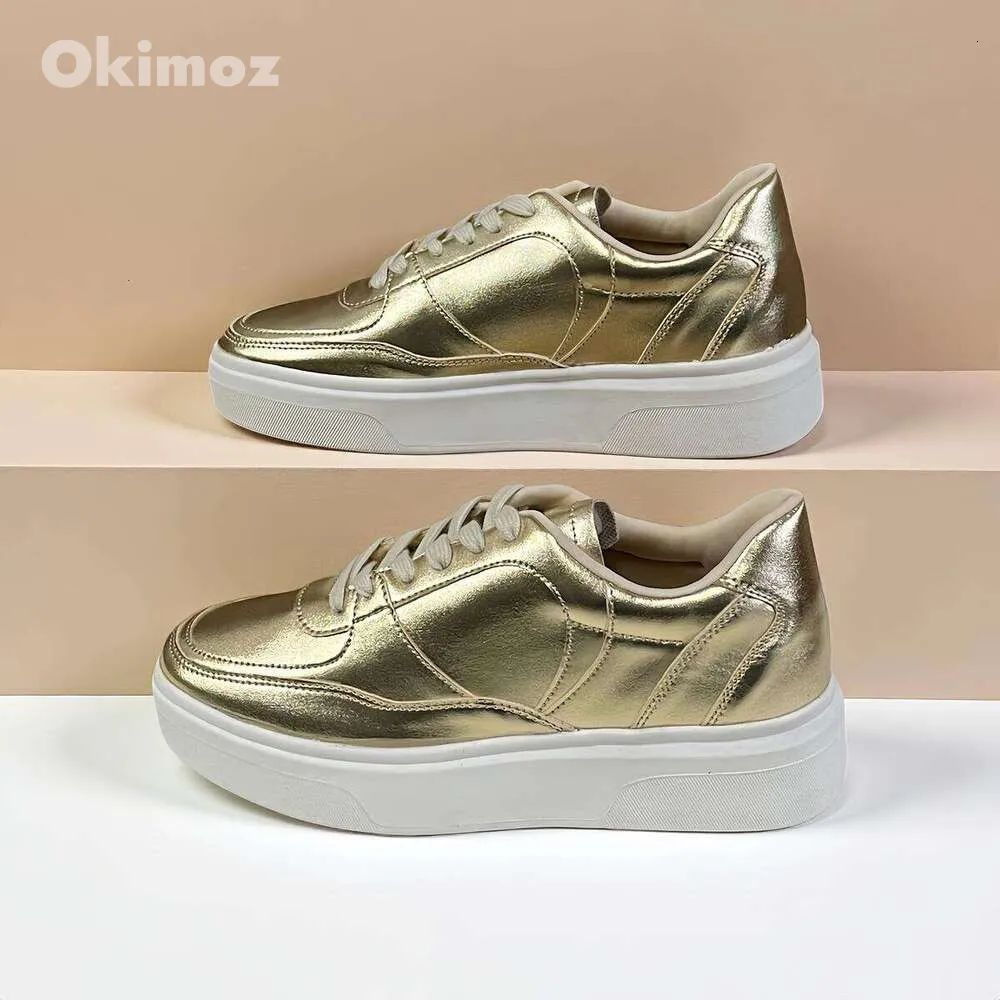 Okimoz Metallic Gold Platform Sneakers For Women Retro Glossy Casual With Thick Chunky Sole Sport Tennis Designer Shoes_vogvips.com