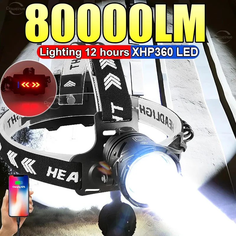80000LM 強力なヘッドランプ USB 充電式ヘッドライト懐中電灯大口径 