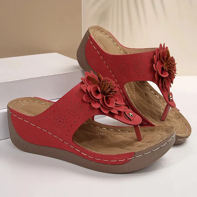 Retro Flower Decor Slippers Women Summer Clip Toe Wedge Sandals Woman Plus Size 43 Light Non Slip Beach Flip Flops_vogvips.com
