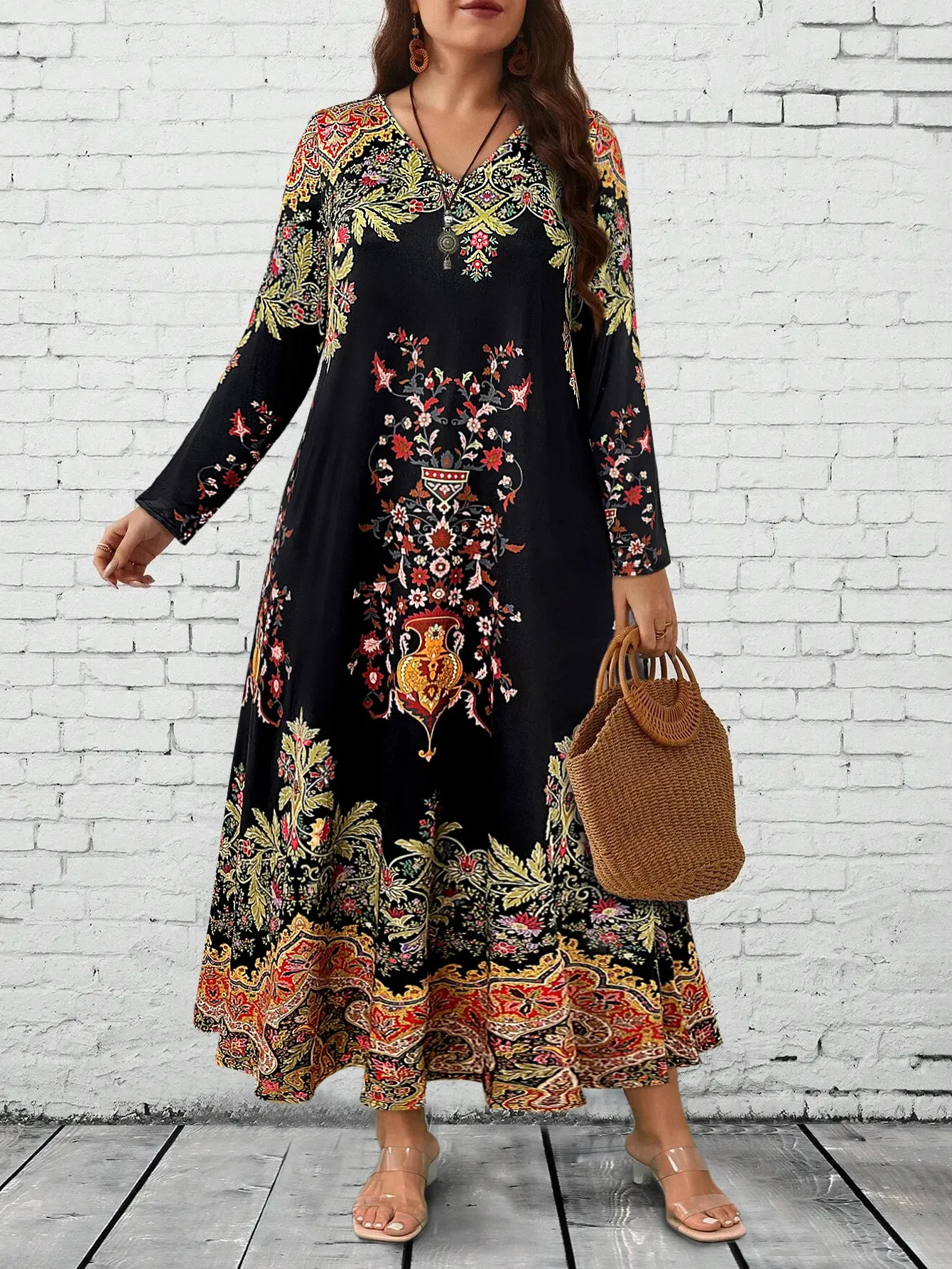 casual plus size boho maxi dresses Uscallm Women Plus Size V Neck 3/4 Sleeve Maxi Dress Layered Flowy Boho Casual Solid A-Line Long Vacation Dresses, Blue 4XL, Women's