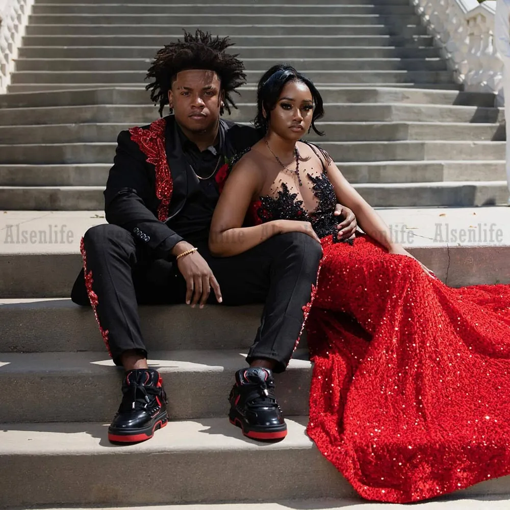 red birthday dress black girl Customized (can Not Be Refund) Red Sweetheart Long Prom Dress Black Girls Birthday Party Dresses Beaded Evening Gowns Crystal High Slit Gown Robe