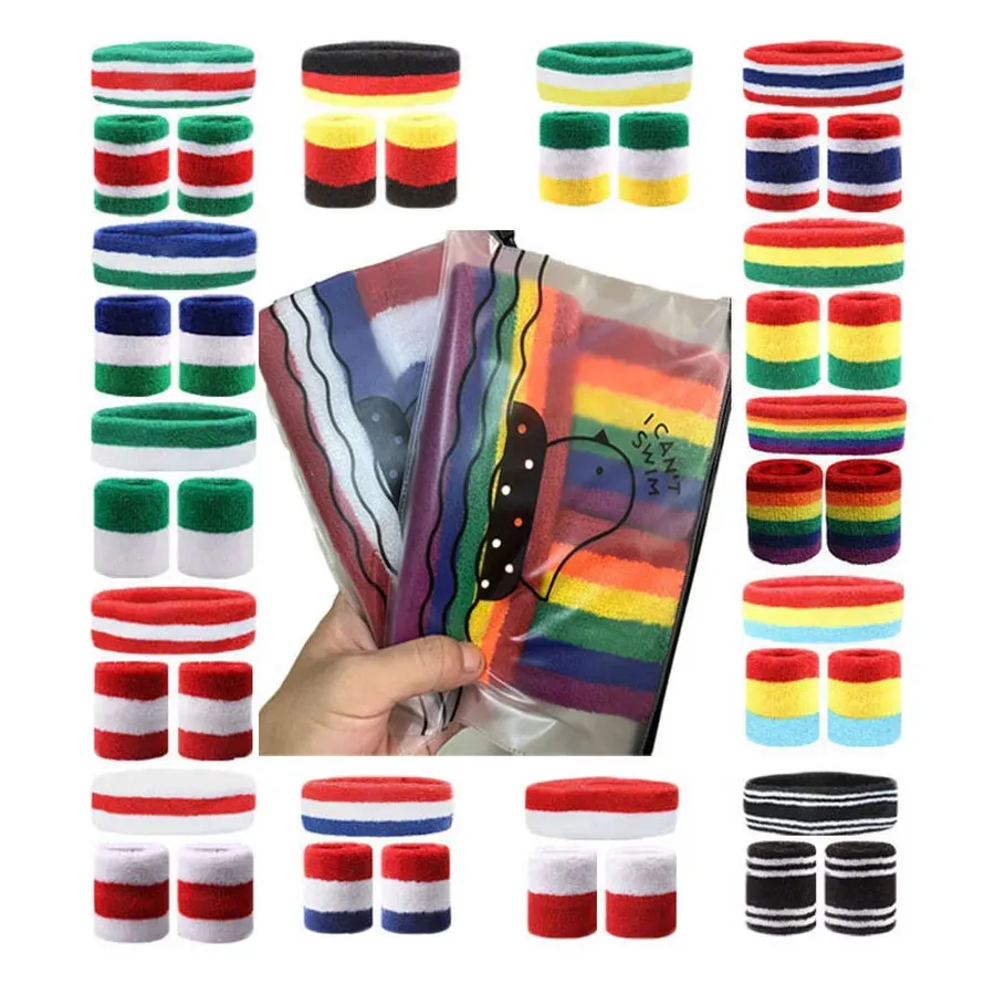 2 Paires De Poignets Sportifs Sweatbands – Coton/Nylon Absorbants, 10 X 8 Cm, Multicolores – Pour Gym, Running, Basket