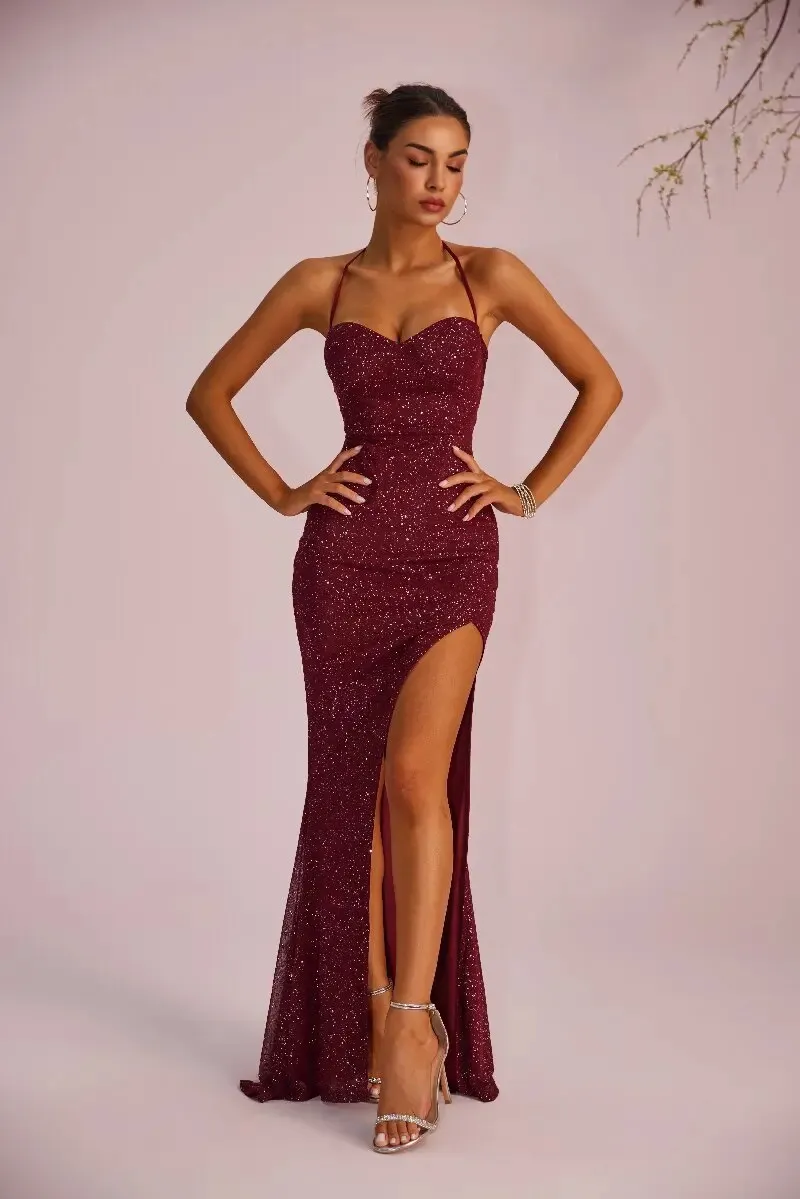 Wine Red Sequin Evening Dress, Sleeveless Strapless Gown