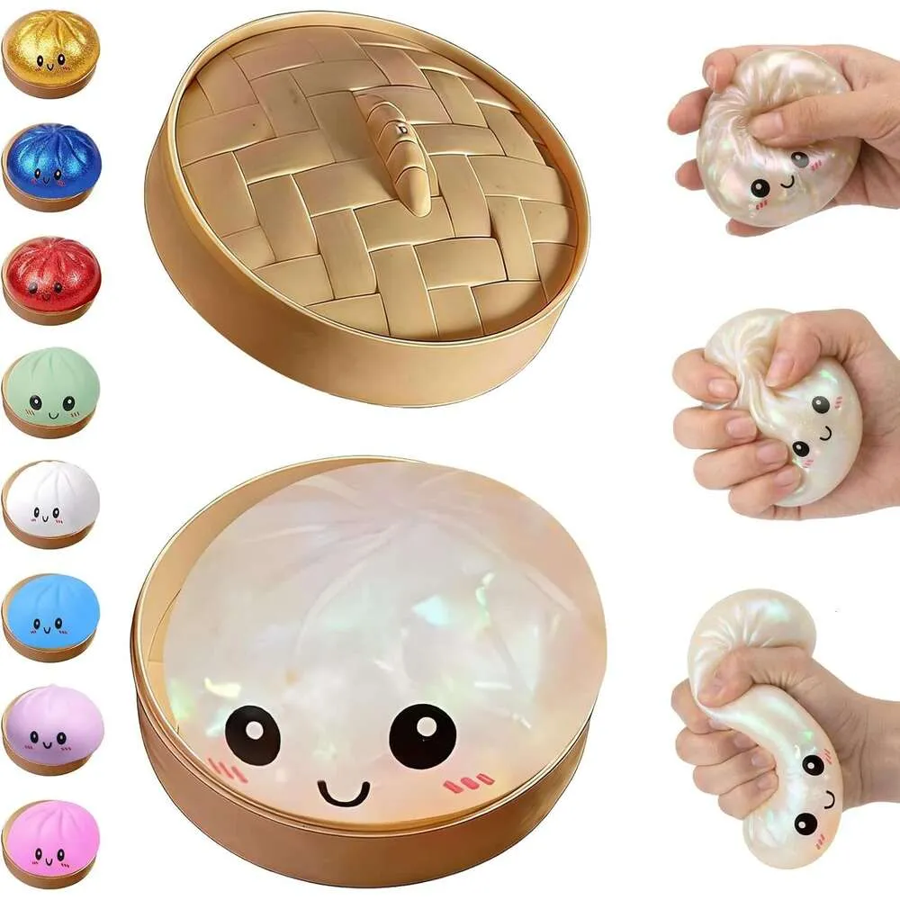 Squishy Dumpling Gigante Con Purpurina Y Cesta Vaporera – Juguete Antiestrés Con Cara De Dibujo