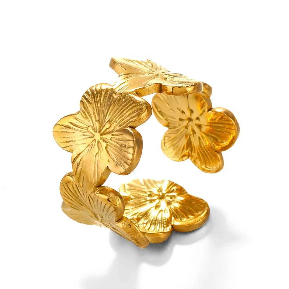 Gold Adjustable Flower Ring Stainless Steel Waterproof Jewellery_voghion.com