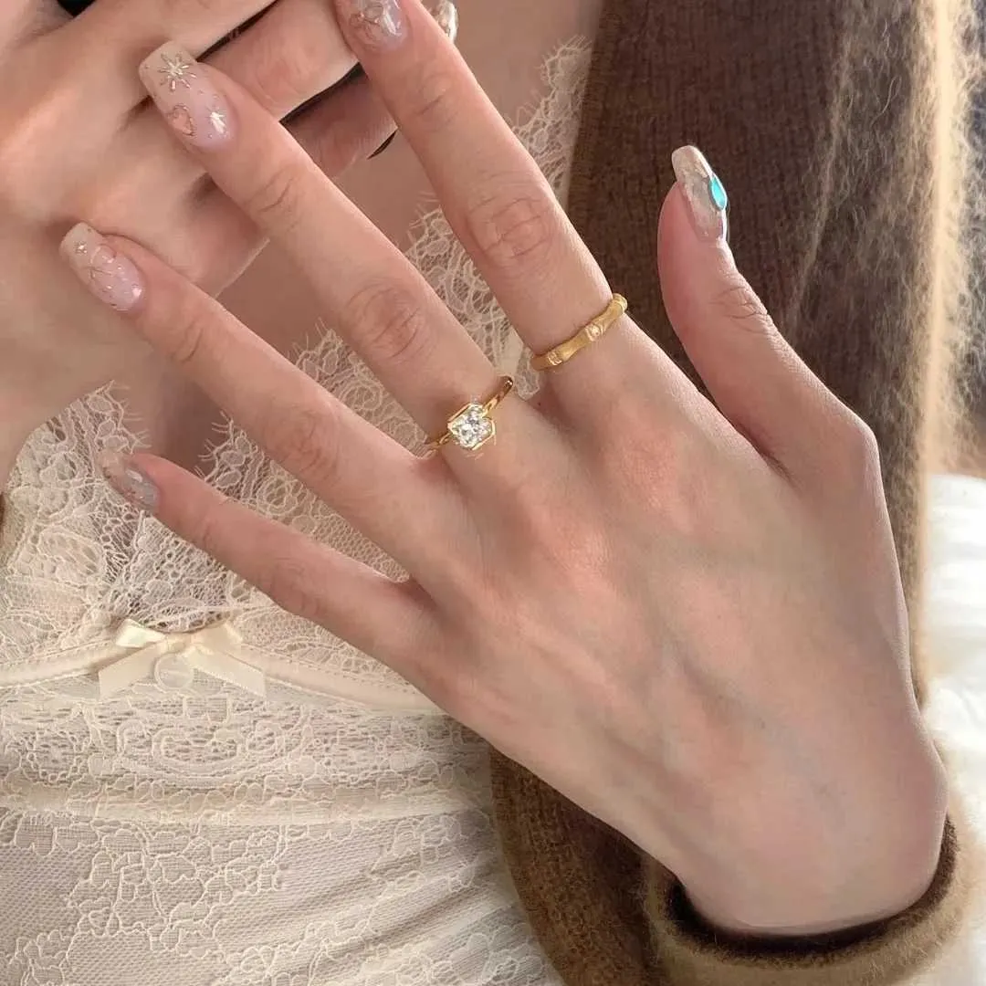 925 Sterling Silver Open Finger Ring Golden Clear CZ Square Droplet Geometric Punk For Women Jewelry Gift Dropship_voghion.com