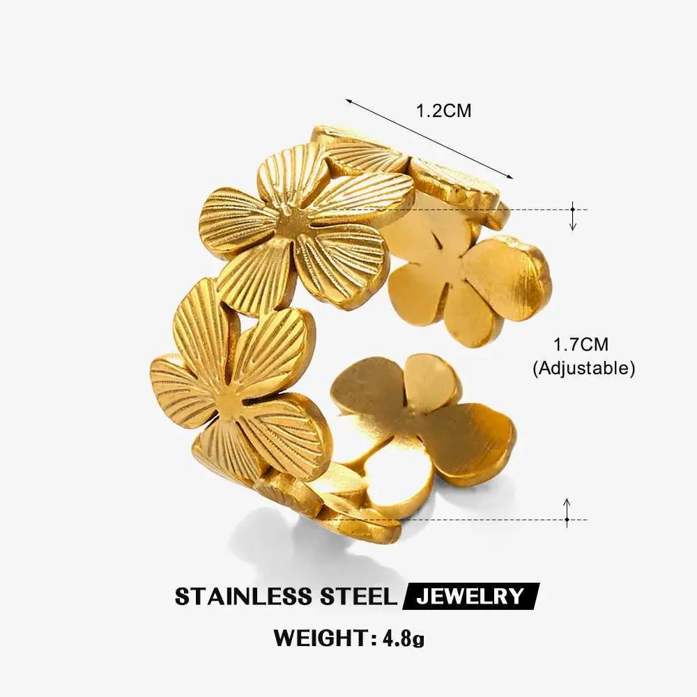 Gold Adjustable Flower Ring Stainless Steel Waterproof Jewellery_voghion.com