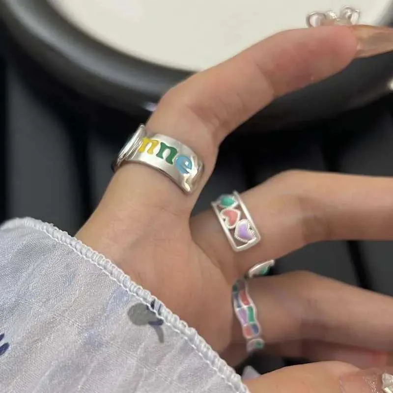 Korean Colorful Rainbow Letter Open Rings For Women Girls Vintage Creative Oil Dropping Adjustable Finger Couple Ring_voghion.com