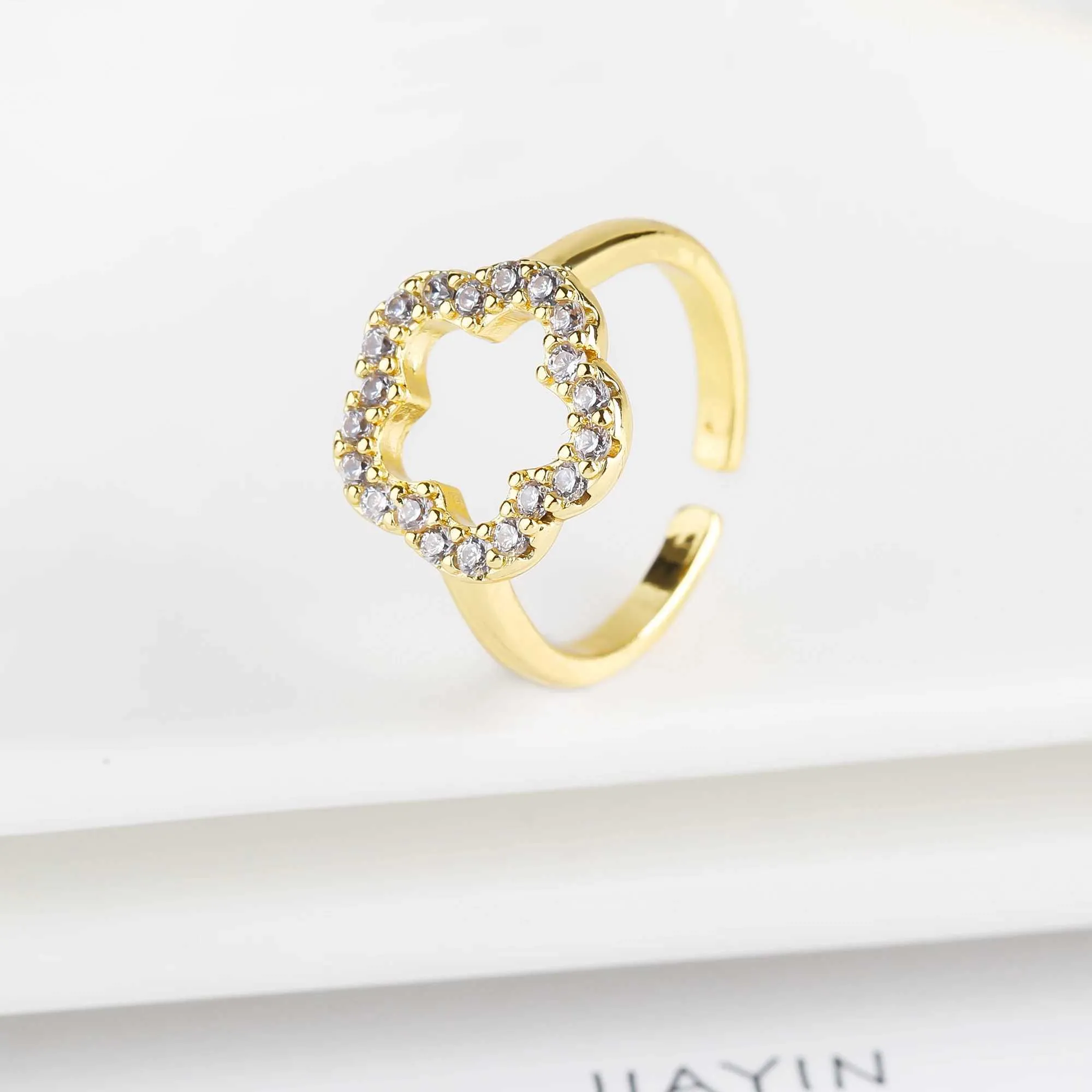Gold/Rose Gold/Silver High Quality Shiny Zirconia Five Leaf Flower Finger Adjustable Ring Simple For Woman Jewelry Gift_voghion.com