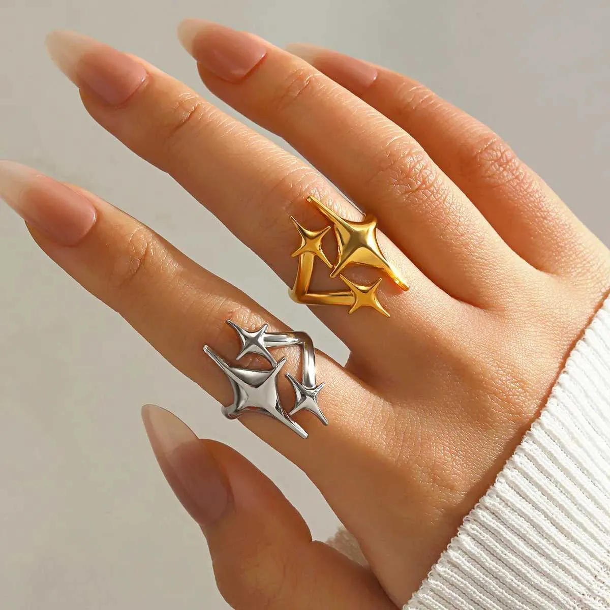 LATS Stainless Steel Y2K Celestial Star Open Rings For Women Men Unique Design Gold Silver Color Adjustable Ring Fashion_voghion.com