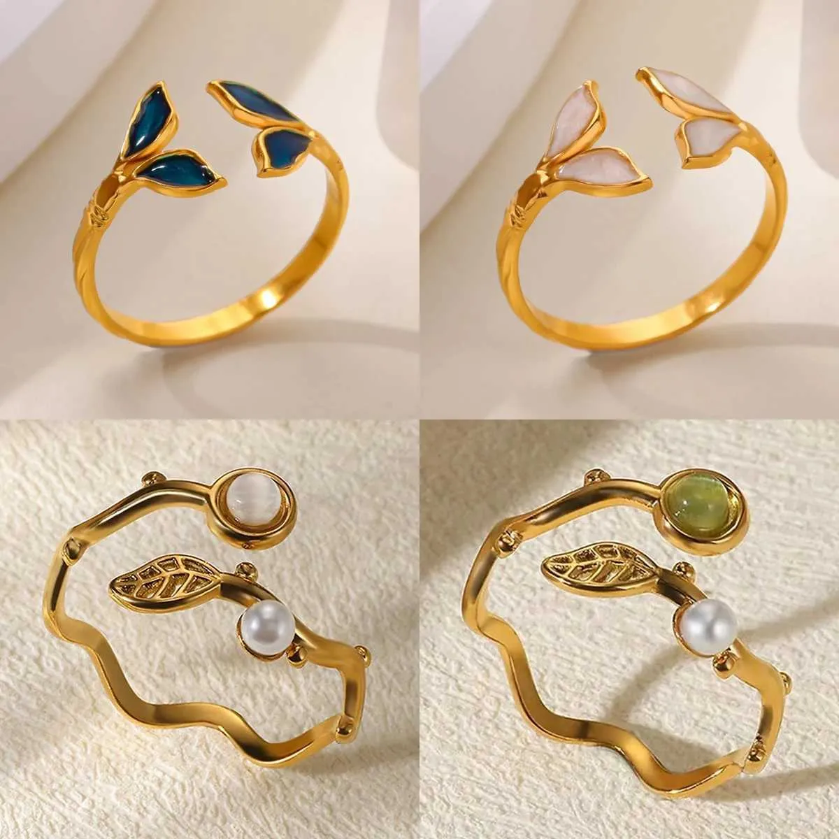 Vergulde roestvrijstalen ring met blad voor dames bruiloft_voghion.com