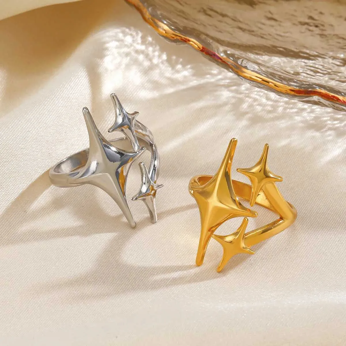 Designer Celestial Star Open Rings Adjustable Gold Silver_voghion.com