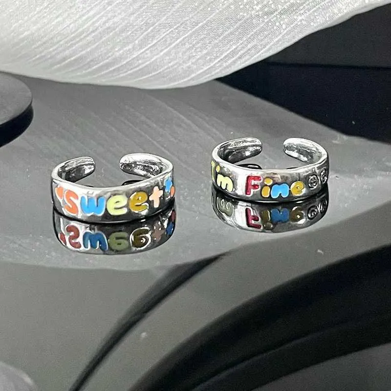 Korean Colorful Rainbow Letter Open Rings For Women Girls Vintage Creative Oil Dropping Adjustable Finger Couple Ring_voghion.com