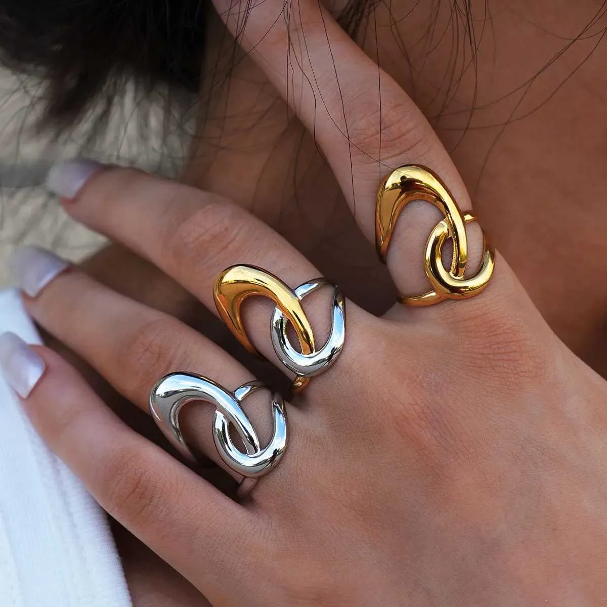 Designer Stainless Steel Geometric Open Ring 18k Gold Plated_voghion.com