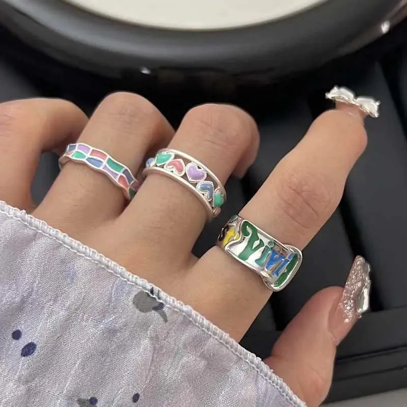 Korean Colorful Rainbow Letter Open Rings For Women Girls Vintage Creative Oil Dropping Adjustable Finger Couple Ring_voghion.com