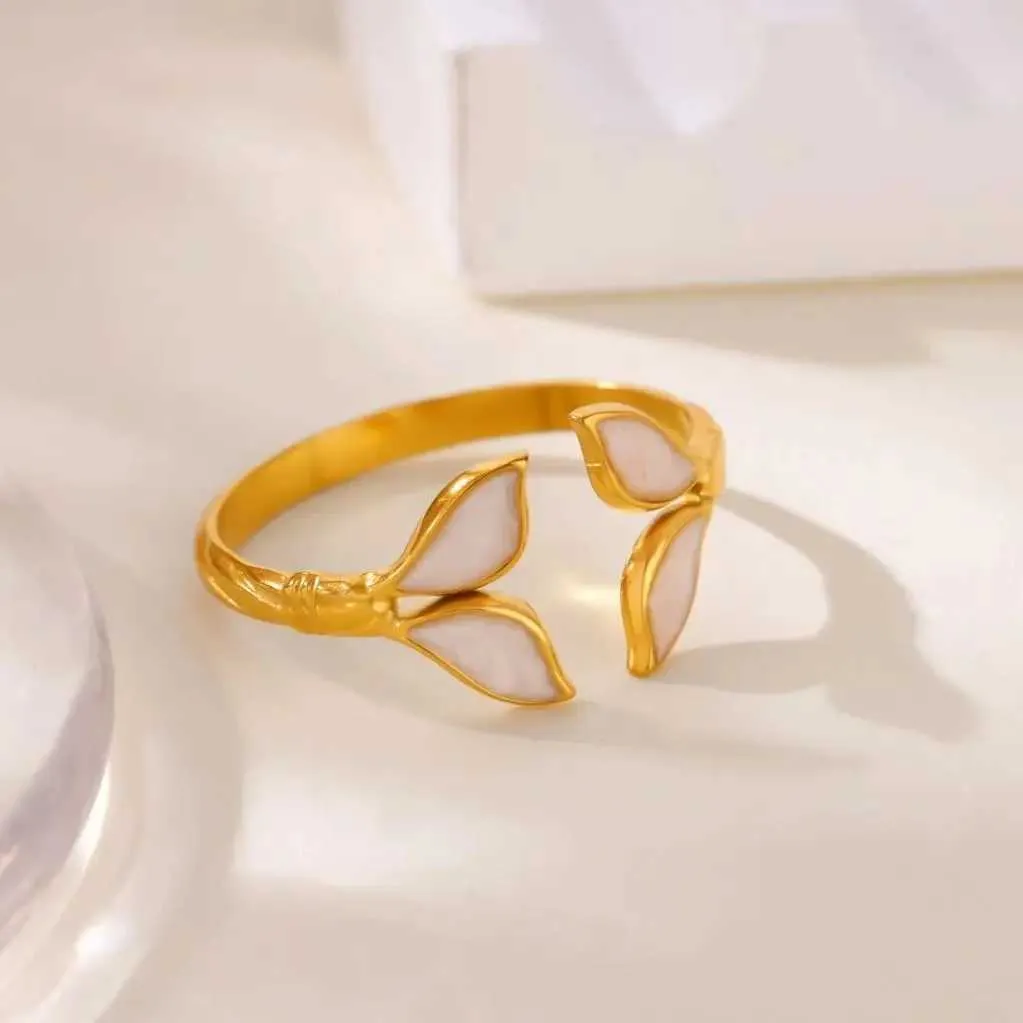 Roestvrijstalen ringen met groene bladeren en golvende vormen, 18 karaats verguld, kleurecht, open ring voor dames, trouwsieraden, vakantiesieraden_voghion.com