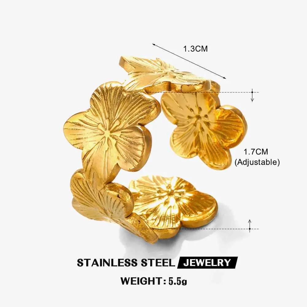 Gold Adjustable Flower Ring Stainless Steel Waterproof Jewellery_voghion.com