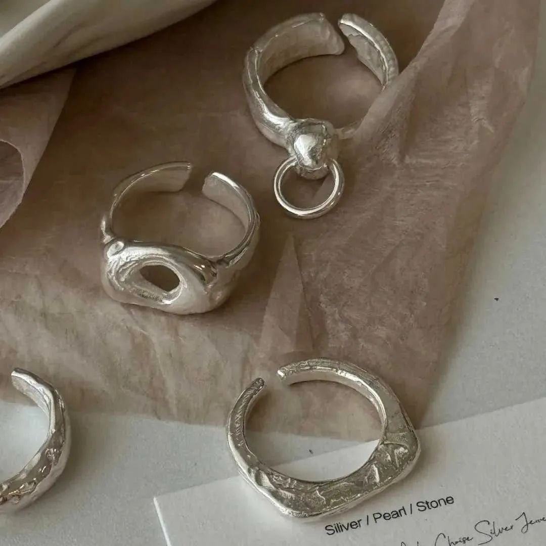Anello PANJBJ in argento sterling 925 con geometria satinata per donna, ampia texture, versatile, fatto a mano, gioiello Ins, regalo_voghion.com
